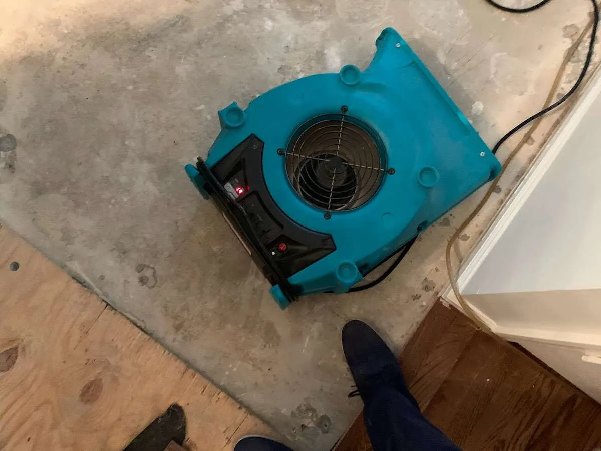 Air mover drying subfloor during Commercial Water Damage Restoration in Attalla